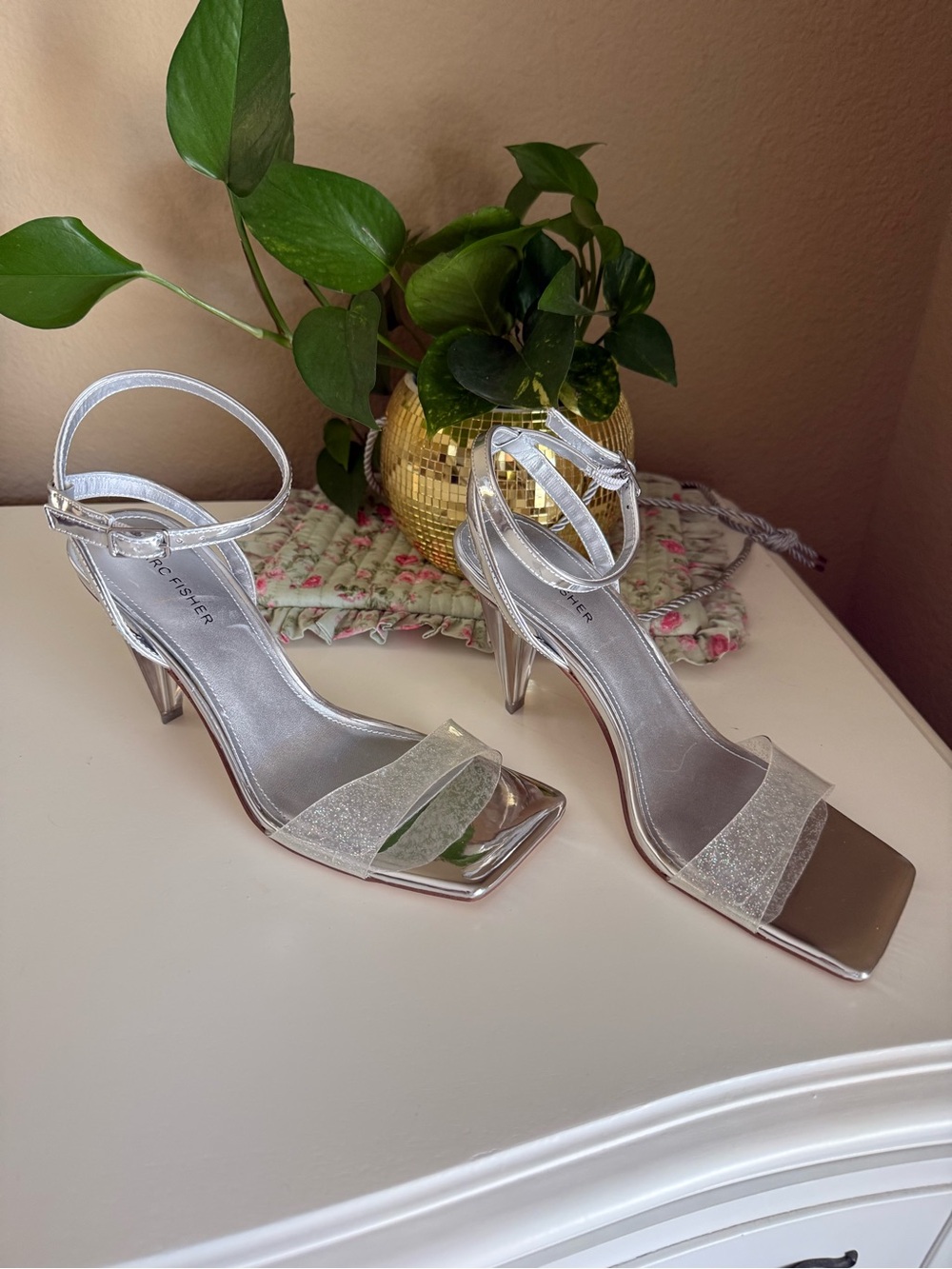 Marc Fisher Metallic Silver Ankle-Strap Heels